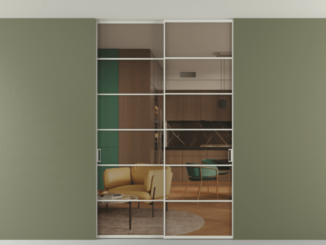 Перегородка Формато внутри проёма скрытое крепление в потолок 2 створки АЛПР 040.04 Алюминий тёплый серый Прозрачное бронзовое стекло, триплекс Цена 53000260 so'm | Volhovec