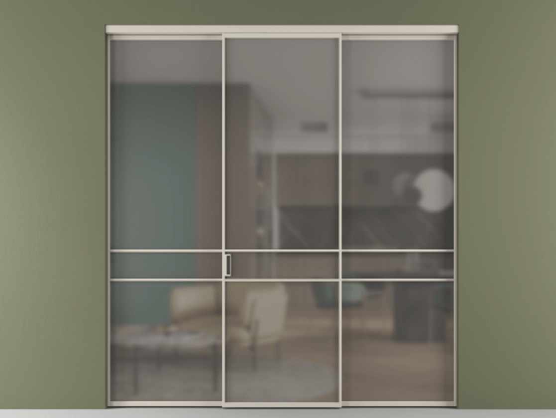 Перегородка Формато внутри проёма 3 створки АЛПР 040.02 Алюминий светло-бежевый Сатинированное серое стекло, триплекс Цена 48166830 so'm | Volhovec