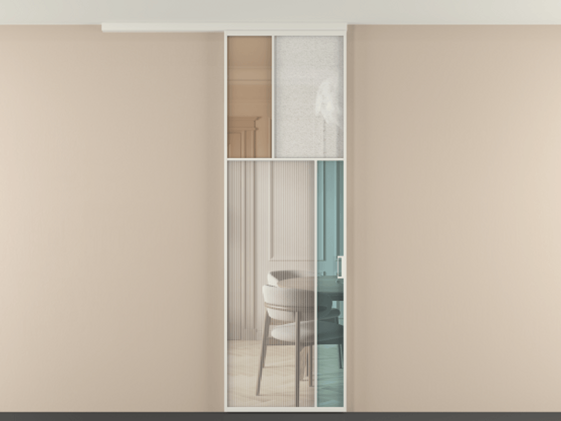 Перегородка Mosaic вдоль стены на потолок 1 створка АЛПР 041.23 Алюминий Белый Комбинация стекол Группы 1 и Группы 3 Цена 27518680 so'm | Volhovec