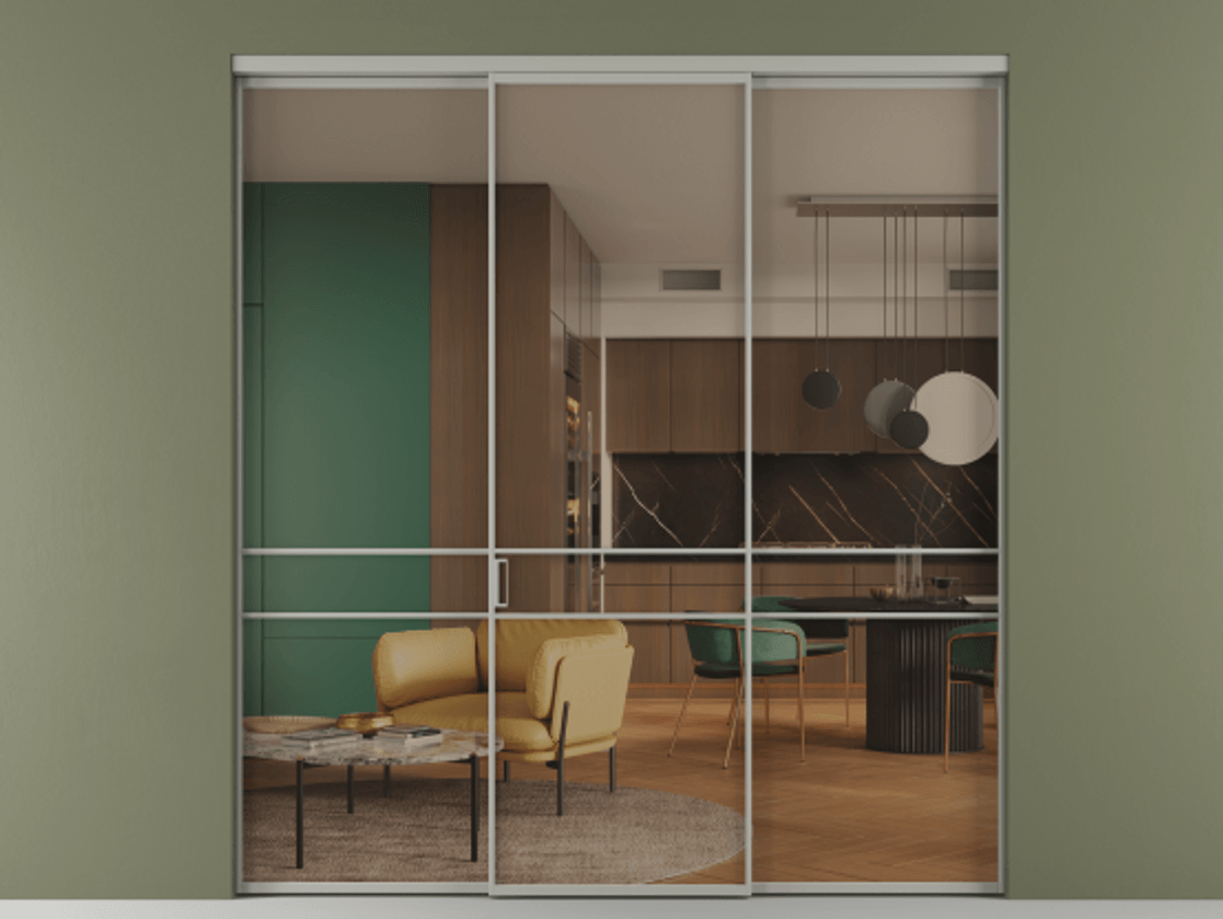 Перегородка Формато внутри проёма 3 створки АЛПР 040.02 Алюминий нейтральный серый Прозрачное бронзовое стекло, триплекс Цена 48166830 so'm | Volhovec