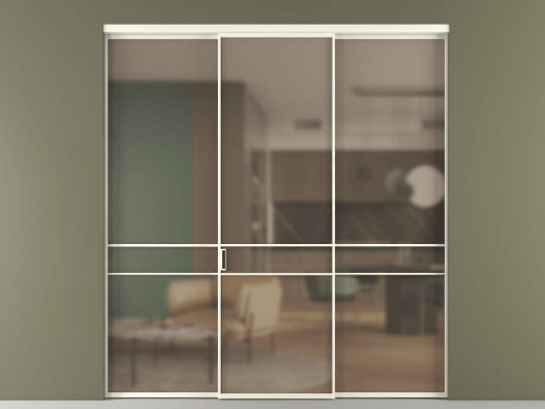 Перегородка Формато внутри проёма 3 створки АЛПР 040.02 Алюминий жемчужный Сатинированное бронзовое стекло, триплекс Цена 237275 ₽ | Volhovec