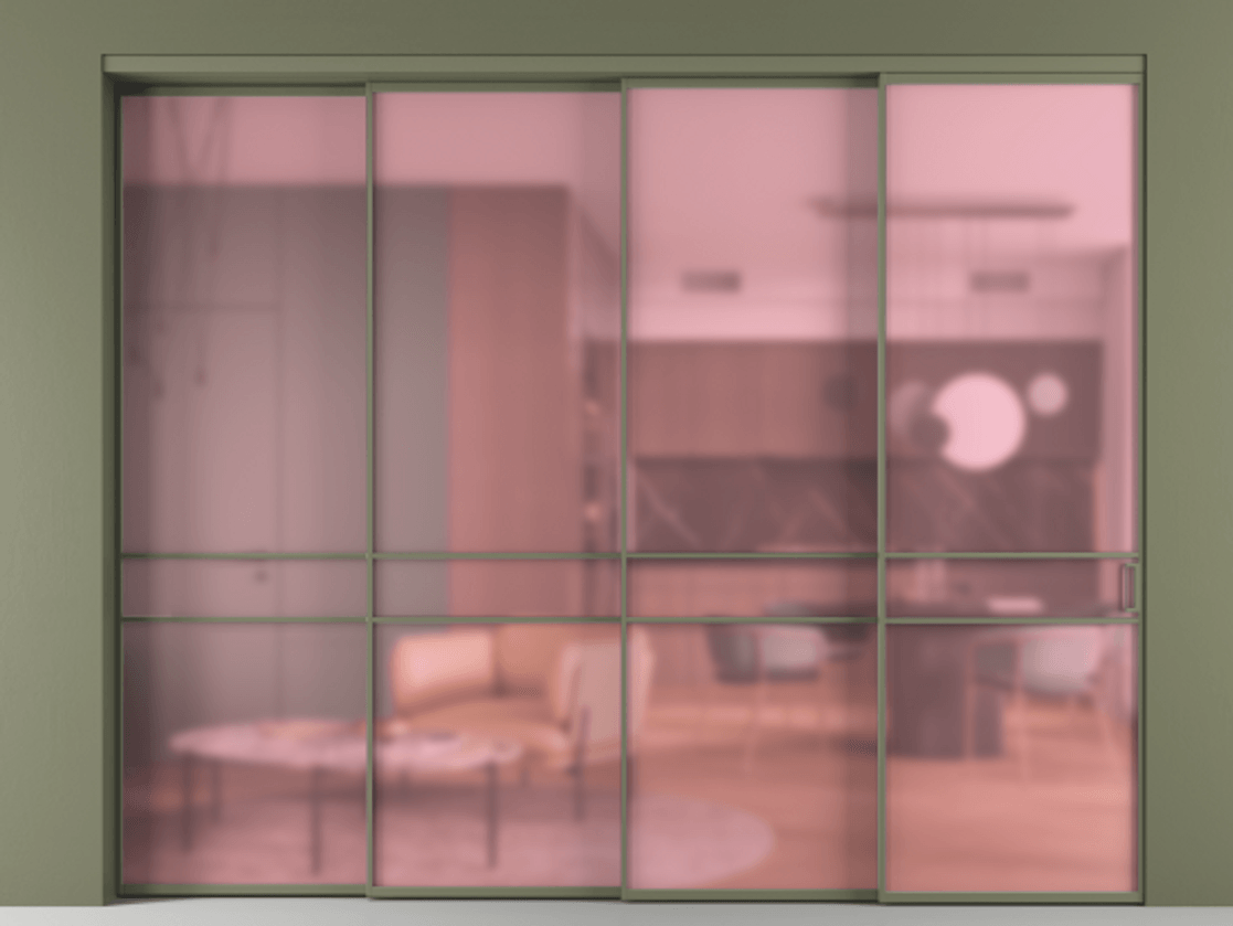 Перегородка Formato внутри проёма 4 створки с синхронным механизмом АЛПР 040.02 Алюминий оливковый тёмный Сатинированное розовое стекло, триплекс. Цена 91086100 so'm 1. Полотно 4 шт. (800/2100 мм)
2. Комплект установки раздвижной системы
3. Базовый комплект фурнитуры
4. Комплект фурнитуры телескопик синхро-3
5. Ручка RONDO
. Фабрика дверей Волховец 8 (800) 551 43 19 Перегородка Formato внутри проёма 4 створки с синхронным механизмом АЛПР 040.02 Алюминий оливковый тёмный Сатинированное розовое стекло, триплекс Цена 91086100 so'm | Volhovec