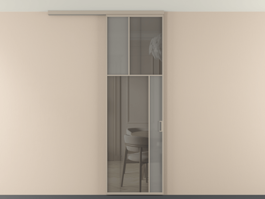 Перегородка Мозаик вдоль стены на потолок 1 створка АЛПР 041.23 Алюминий бисквитный Сатинированное серое стекло, триплекс, 6 мм + Прозрачное серое стекло, триплекс Цена 27413120 so'm | Volhovec