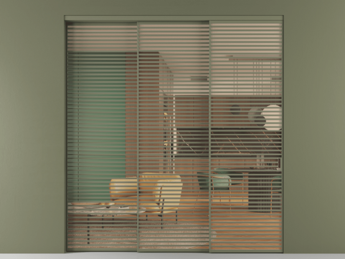 Перегородка Formato внутри проёма 3 створки с синхронным механизмом АЛПР 040.07 Алюминий оливковый тёмный Прозрачное оранжевое стекло, триплекс Цена 117687220 so'm  | Volhovec