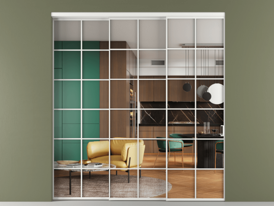 Перегородка Формато внутри проёма 3 створки с синхронным механизмом АЛПР 040.05 Алюминий белоснежный Прозрачное стекло "Кристал Вижн", калёное Цена 88711000 so'm  | Volhovec