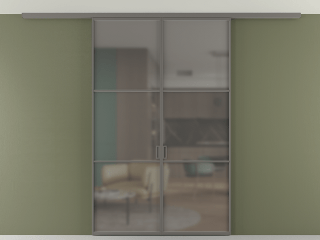 Перегородка Формато вдоль стены на потолок 2 створки АЛПР 040.03 Алюминий классический серый Сатинированное серое стекло, триплекс Цена 46267760 so'm | Volhovec