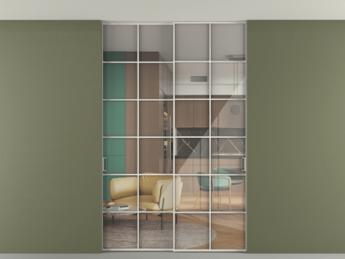 Перегородка Формато внутри проёма скрытое крепление в потолок 2 створки АЛПР 040.05 Алюминий Белый Рефлективное прозрачное стекло "Стопсол", калёное Цена 63717640 so'm | Volhovec