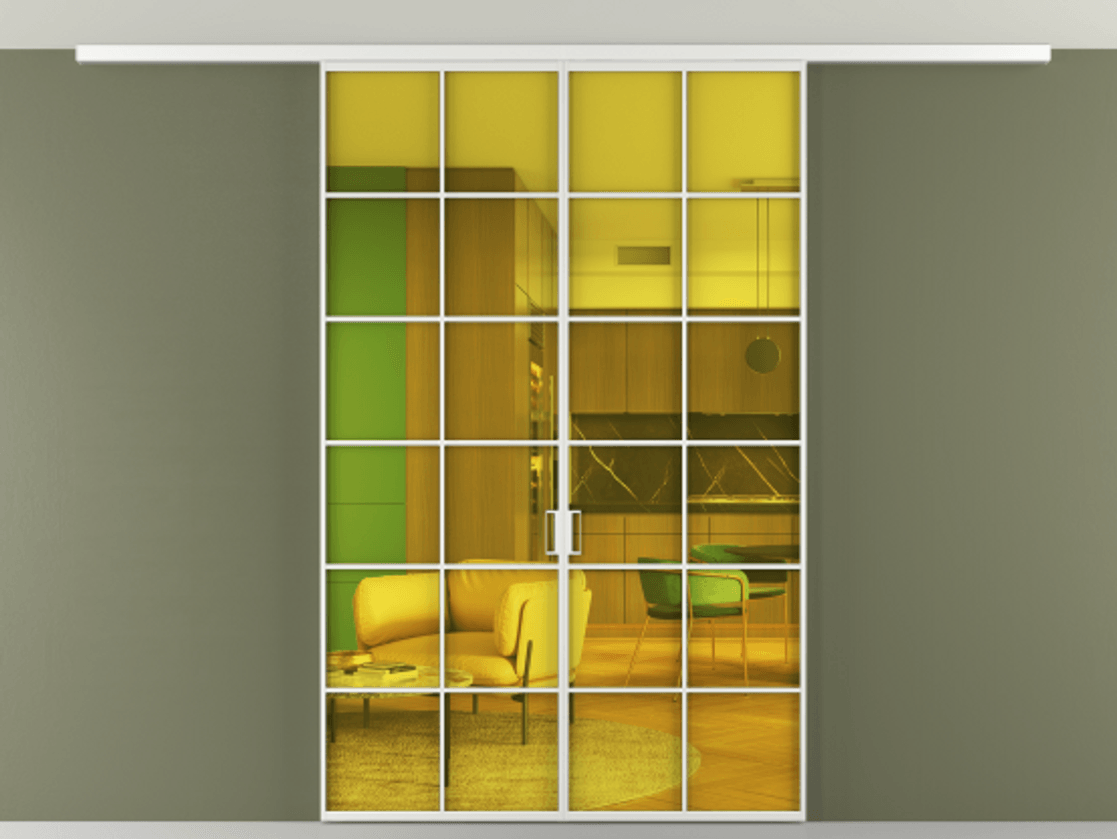 Перегородка Formato вдоль стены на потолок 2 створки АЛПР 040.05 Алюминий белоснежный Прозрачное жёлтое стекло, триплекс Цена 49751240 so'm | Volhovec