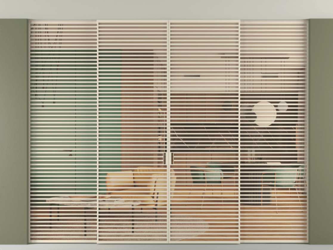 Перегородка Formato внутри проёма скрытое крепление в потолок 4 створки АЛПР 040.07 Алюминий бежево-серый Прозрачное оранжевое стекло, триплекс Цена 6436100 AMD | Volhovec