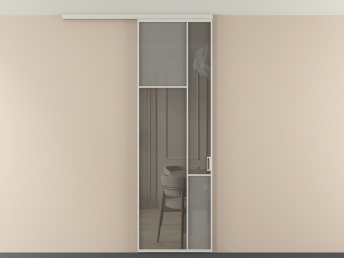 Перегородка Мозаик вдоль стены на потолок 1 створка АЛПР 041.10 Алюминий тёплый серый Сатинированное серое стекло, триплекс, 6 мм + Прозрачное серое стекло, триплекс Цена 27413120 so'm | Volhovec