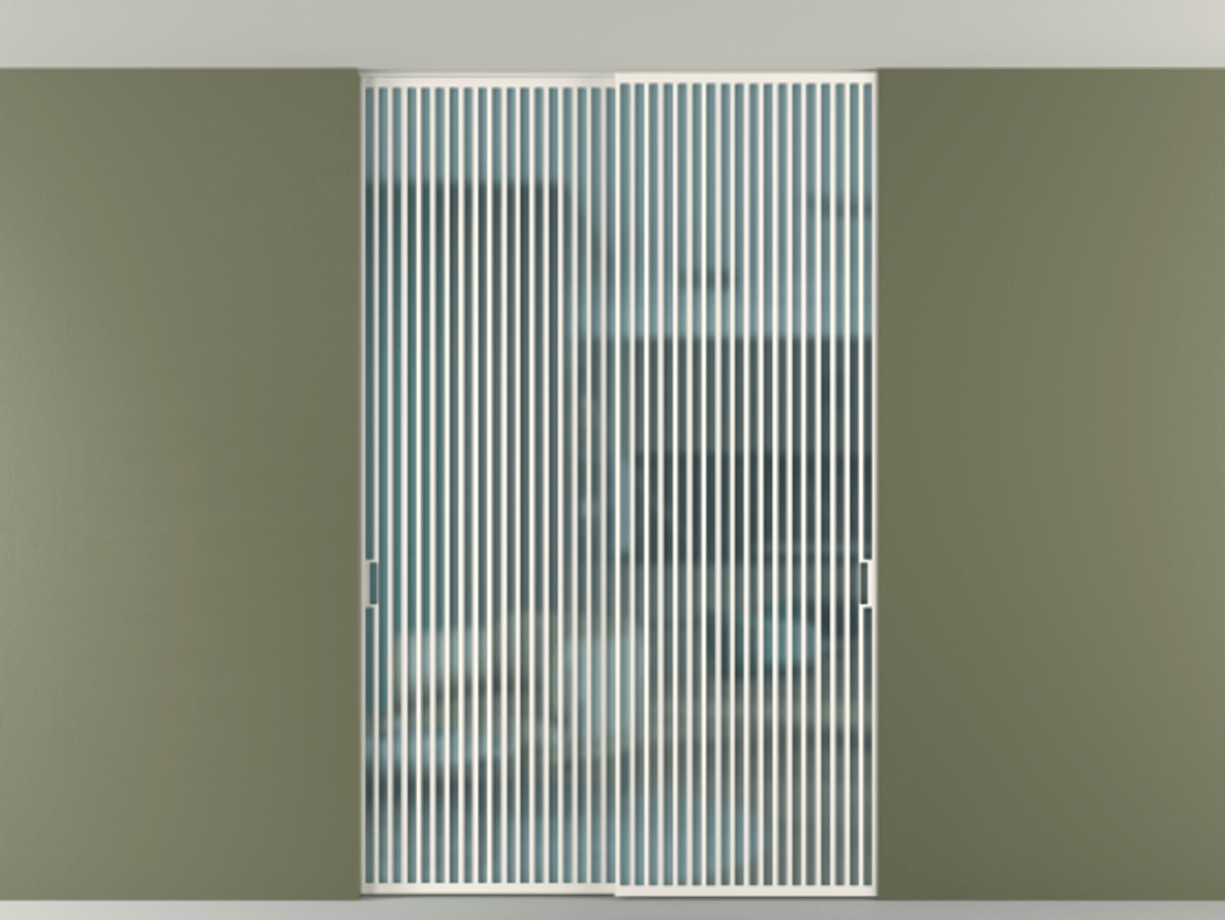 Перегородка Формато внутри проёма скрытое крепление в потолок 2 створки АЛПР 040.06 Алюминий пудровый белый Сатинированное голубое стекло, триплекс Цена 409915 ₽ | Volhovec