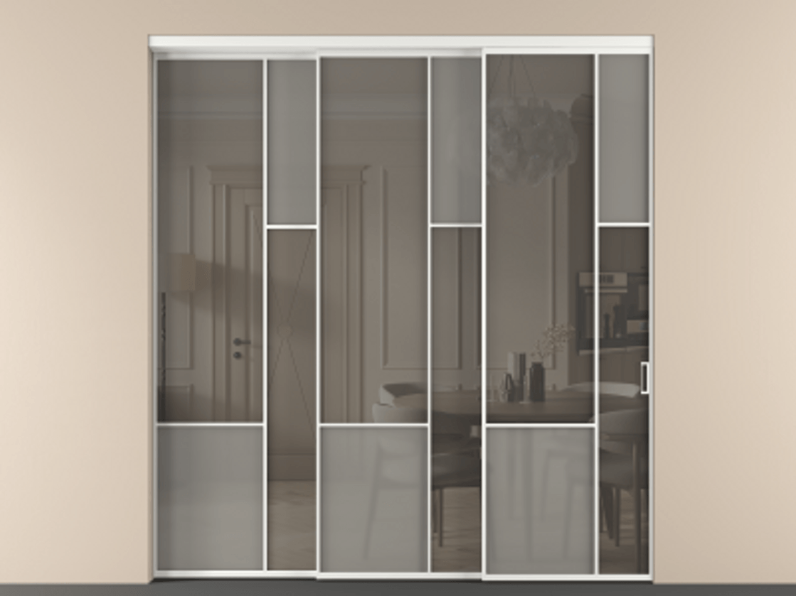 Перегородка Mosaic внутри проёма 3 створки с синхронным механизмом АЛПР 041.12 Алюминий белоснежный Сатинированное серое стекло, триплекс, 6 мм + Прозрачное серое стекло, триплекс Цена 88790170 so'm | Volhovec