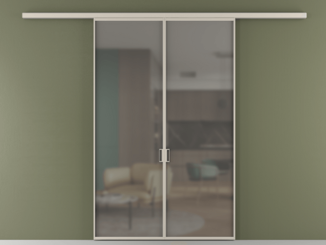 Перегородка Формато вдоль стены 2 створки АЛПР 040.01 Алюминий светло-бежевый Сатинированное серое стекло, триплекс Цена 38032050 so'm | Volhovec