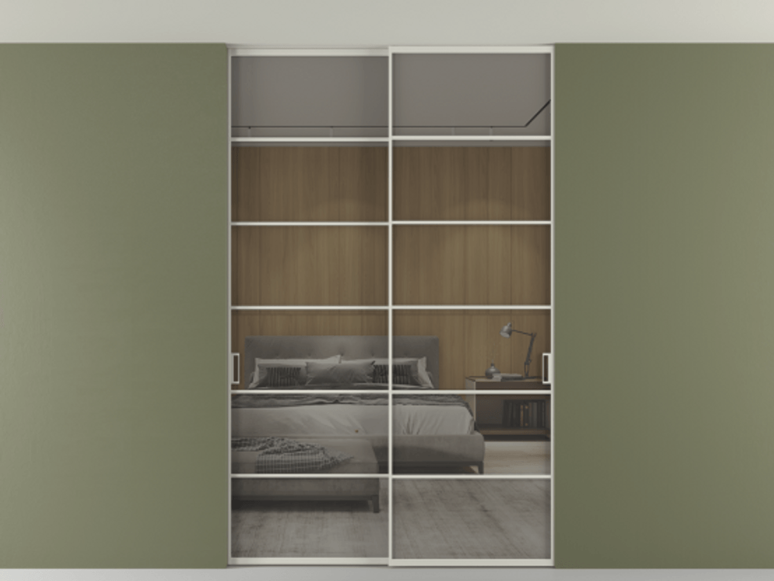 Перегородка Формато внутри проёма скрытое крепление в потолок 2 створки АЛПР 040.04 Алюминий тёплый серый Рефлективное серое стекло "Стопсол", калёное Цена 65504040 so'm | Volhovec