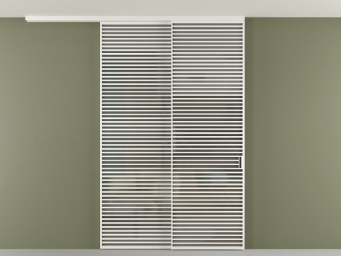 Перегородка Формато вдоль стены на потолок 2 створки с синхронным механизмом АЛПР 040.07 Алюминий светло-серый Сатинированное серое стекло, триплекс Цена 106903860 so'm | Volhovec