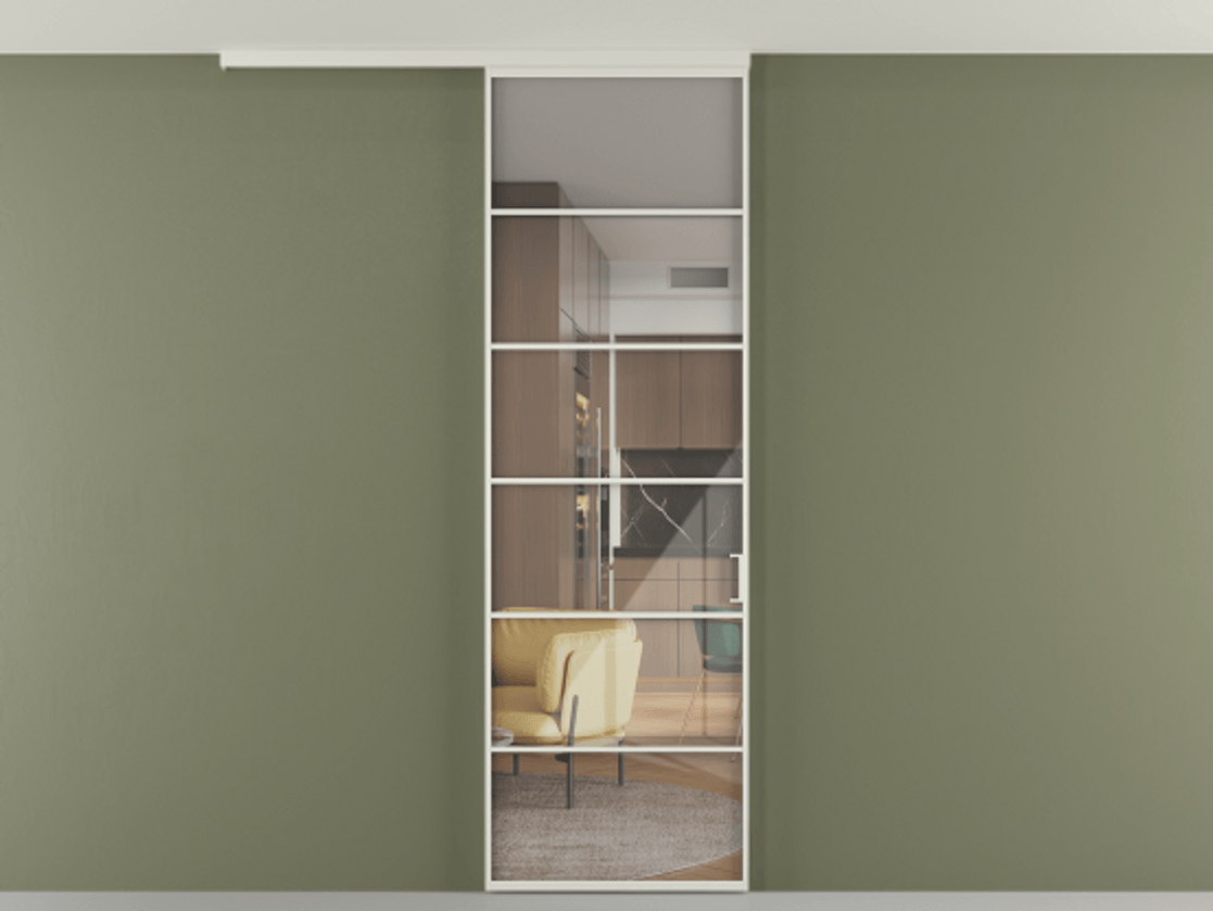 Перегородка Формато вдоль стены на потолок 1 створка АЛПР 040.04 Алюминий Белый Рефлективное прозрачное стекло "Стопсол", калёное Цена 128990 ₽ | Volhovec