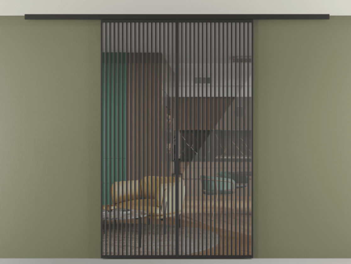 Перегородка Формато вдоль стены на потолок 2 створки АЛПР 040.06 Алюминий Черный Рефлективное прозрачное стекло "Стопсол", калёное Цена 89352480 so'm | Volhovec