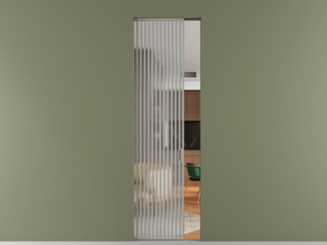 Перегородка Формато скрытый пенал 1 створка АЛПР 040.06 Алюминий нейтральный серый Сатинированное стекло "Мателюкс Кристал Вижн", калёное, матовое, каленое 6 мм Цена 56109200 so'm | Volhovec