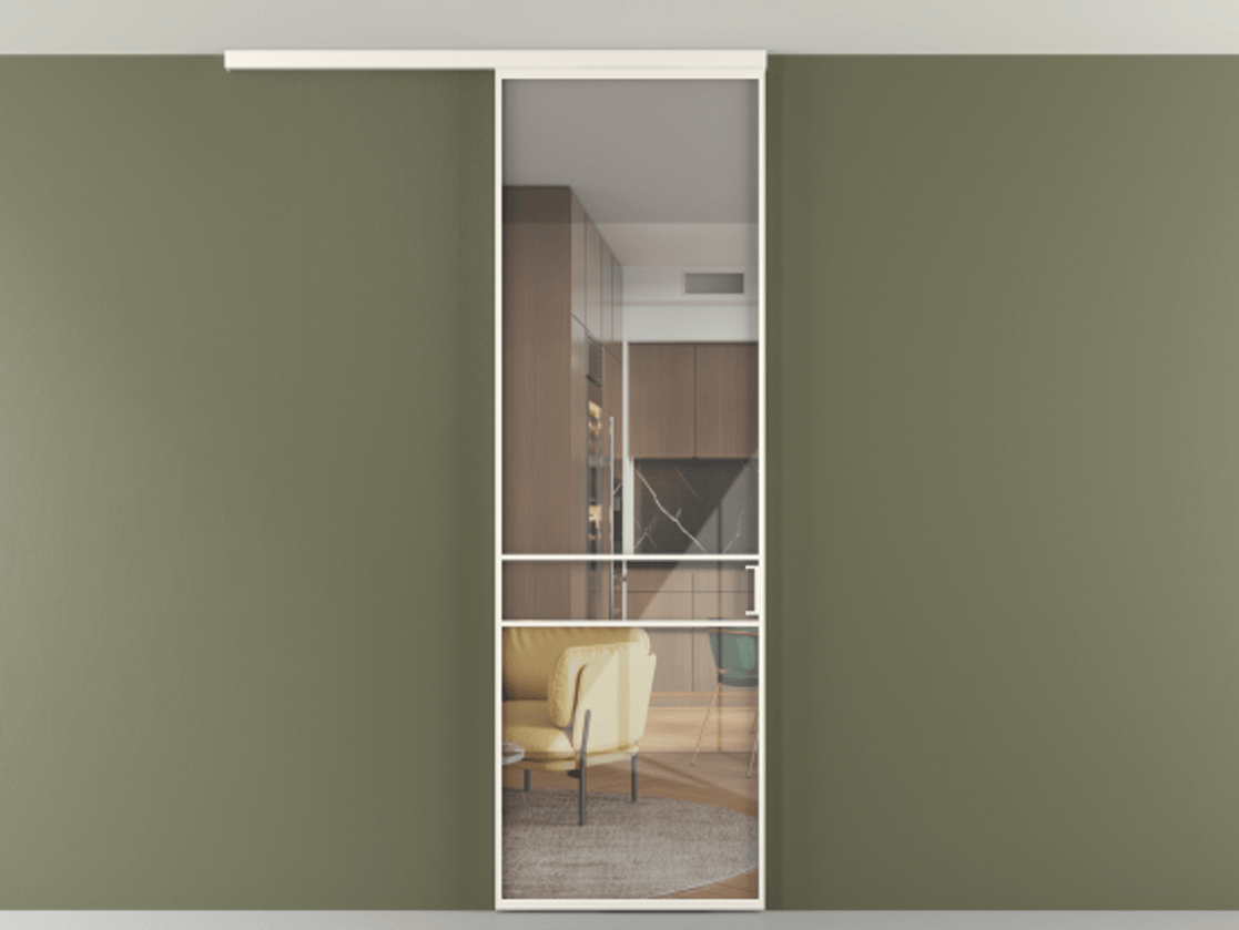 Перегородка Formato вдоль стены на потолок 1 створка АЛПР 040.02 Алюминий пудровый белый Рефлективное прозрачное стекло "Стопсол", калёное Цена 25478530 so'm | Volhovec