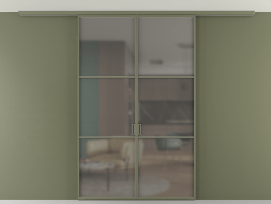 Перегородка Формато вдоль стены на потолок 2 створки АЛПР 040.03 Алюминий оливковый тёмный Сатинированное серое стекло, триплекс Цена 46267760 so'm | Volhovec