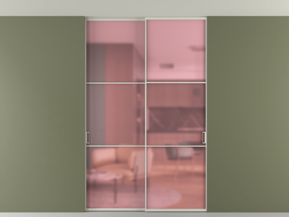 Перегородка Formato внутри проёма скрытое крепление в потолок 2 створки АЛПР 040.03 Алюминий тёплый серый Сатинированное розовое стекло, триплекс Цена 50387650 so'm | Volhovec