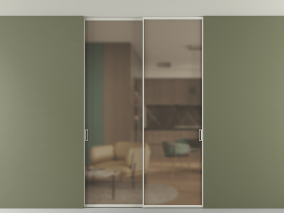 Перегородка Формато внутри проёма скрытое крепление в потолок 2 створки АЛПР 040.01 Алюминий тёплый серый Сатинированное бронзовое стекло, триплекс Цена 12470 AZE | Volhovec