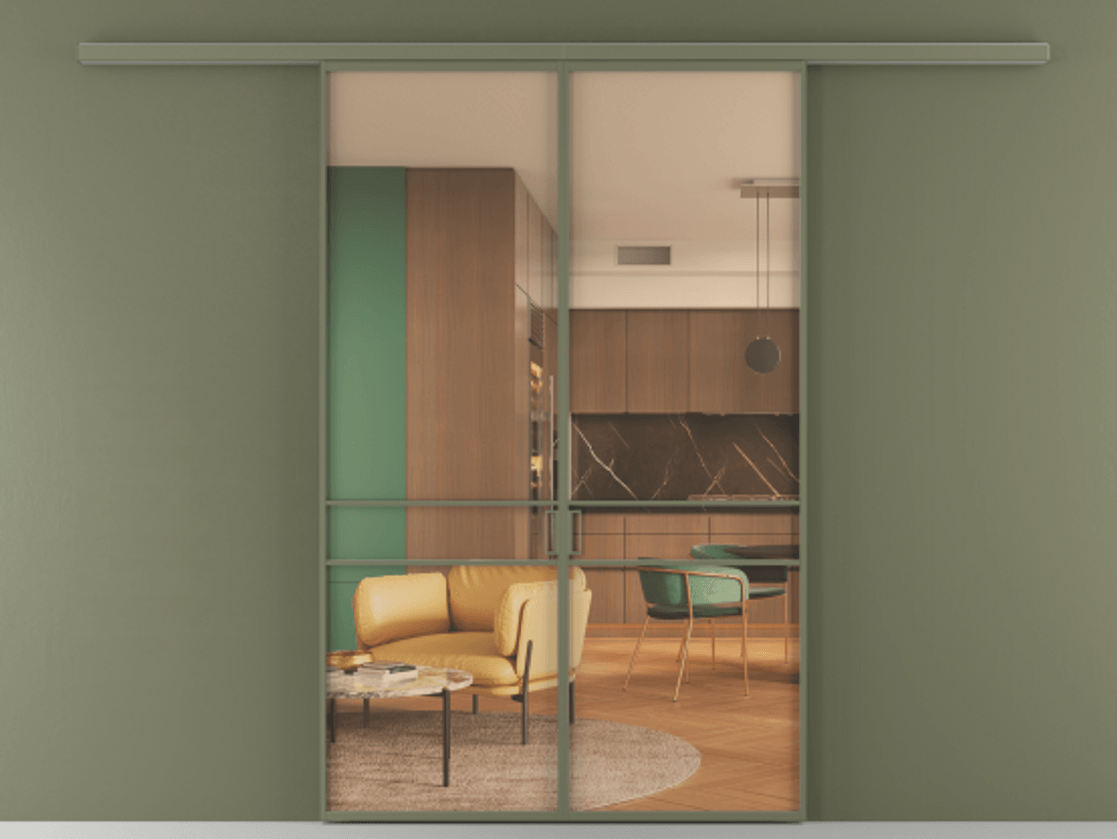 Перегородка Formato вдоль стены 2 створки АЛПР 040.02 Алюминий оливковый тёмный Прозрачное оранжевое стекло, триплекс Цена 41200880 so'm | Volhovec