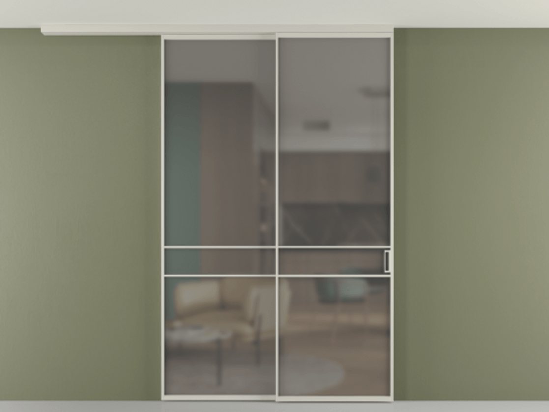 Перегородка Формато вдоль стены на потолок 2 створки с синхронным механизмом АЛПР 040.02 Алюминий тёплый серый Сатинированное серое стекло, триплекс Цена 63137060 so'm | Volhovec