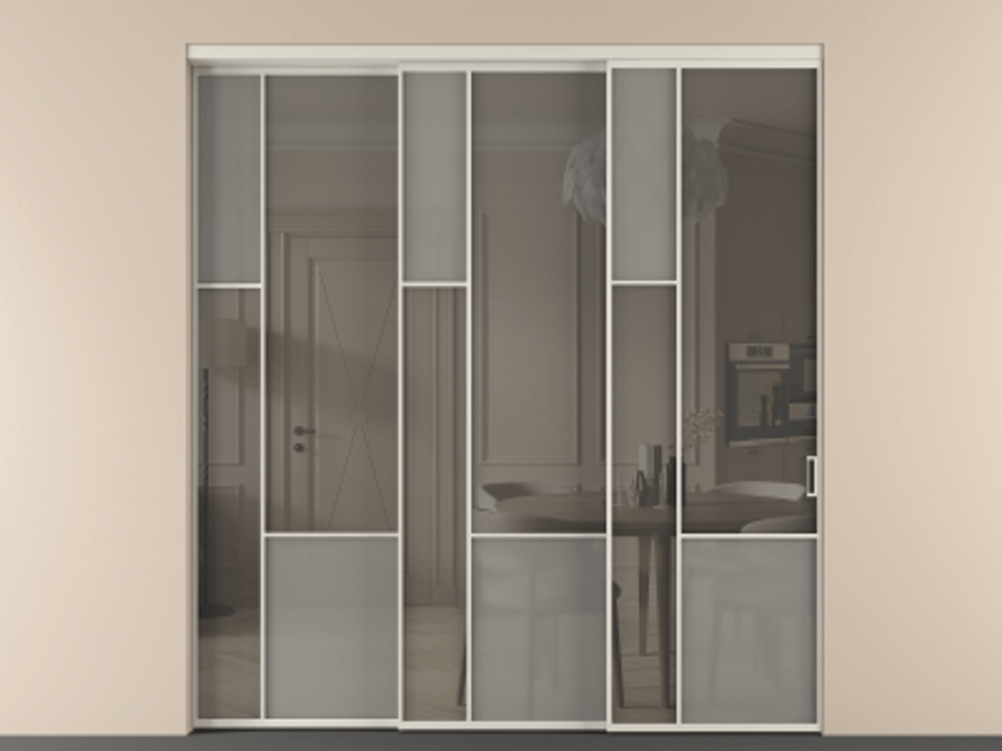 Перегородка Мозаик внутри проёма 3 створки с синхронным механизмом АЛПР 041.13 Алюминий облачно-серый Сатинированное серое стекло, триплекс, 6 мм + Прозрачное серое стекло, триплекс Цена 88790170 so'm | Volhovec