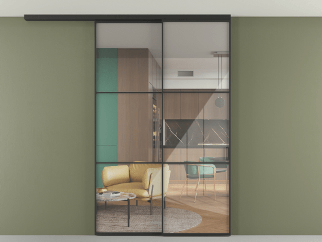 Перегородка Формато вдоль стены на потолок 2 створки с синхронным механизмом АЛПР 040.03 Алюминий Черный Рефлективное прозрачное стекло "Стопсол", калёное Цена 63356300 so'm | Volhovec