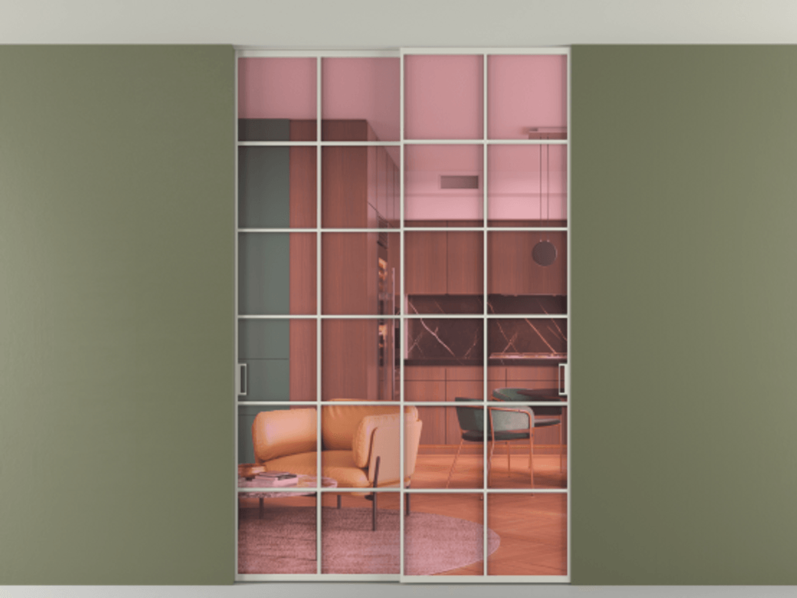 Перегородка Формато внутри проёма скрытое крепление в потолок 2 створки АЛПР 040.05 Алюминий тёплый серый Прозрачное розовое стекло, триплекс Цена 261085 ₽ | Volhovec