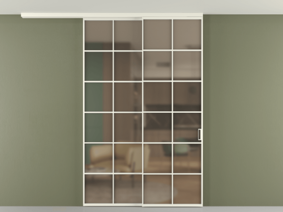 Перегородка Формато вдоль стены на потолок 2 створки с синхронным механизмом АЛПР 040.05 Алюминий жемчужный Сатинированное бронзовое стекло, триплекс Цена 59215910 so'm | Volhovec