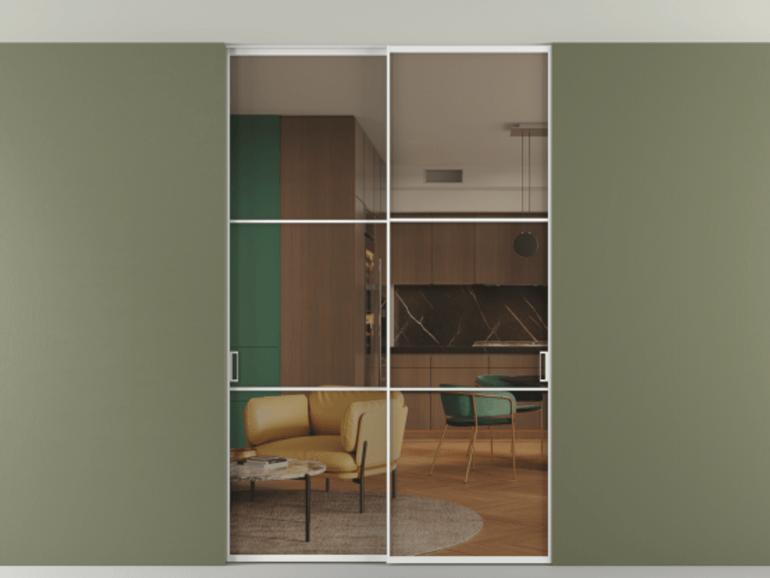 Перегородка Формато внутри проёма скрытое крепление в потолок 2 створки АЛПР 040.03 Алюминий белоснежный Прозрачное бронзовое стекло, триплекс Цена 52064630 so'm | Volhovec