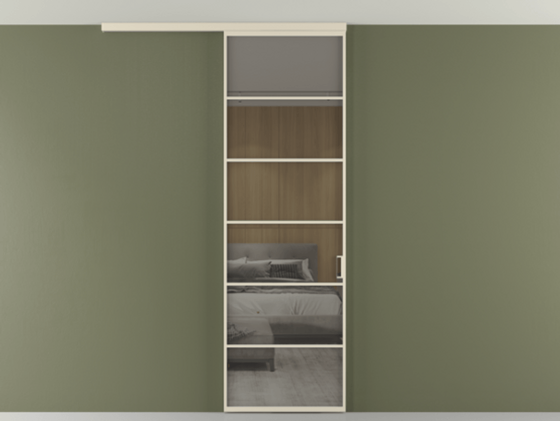 Перегородка Формато вдоль стены на потолок 1 створка АЛПР 040.04 Алюминий бежево-серый Рефлективное серое стекло "Стопсол", калёное Цена 27220270 so'm | Volhovec