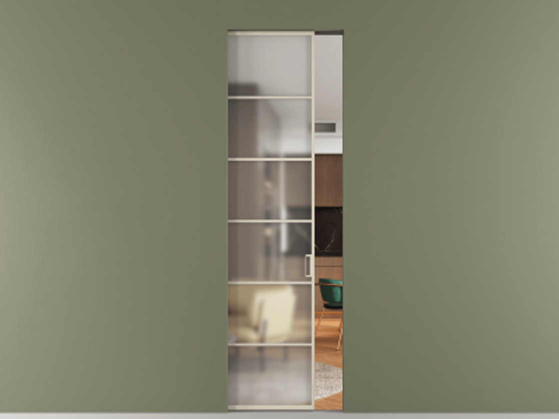 Перегородка Формато скрытый пенал 1 створка АЛПР 040.04 Алюминий бежево-серый Сатинированное стекло "Мателюкс Кристал Вижн", калёное, матовое, каленое 6 мм Цена 34108060 so'm | Volhovec