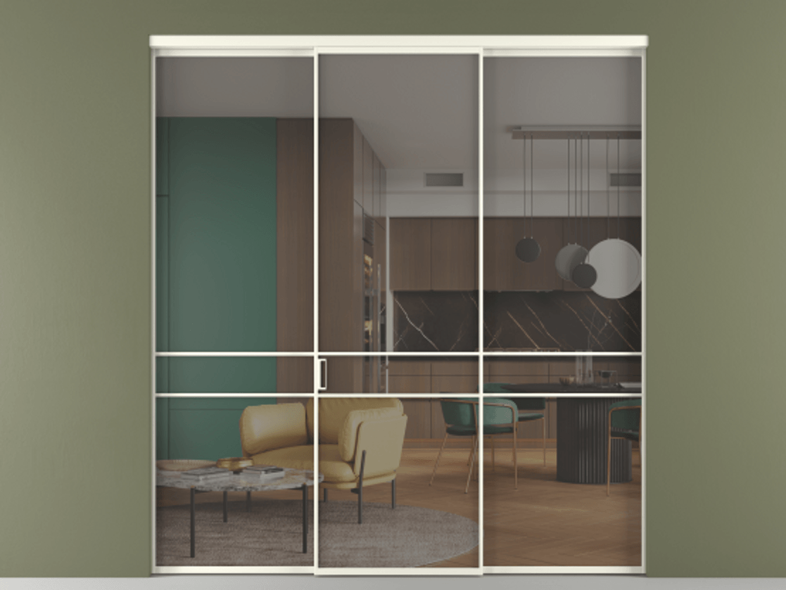 Перегородка Formato внутри проёма 3 створки АЛПР 040.02 Алюминий жемчужный Прозрачное серое стекло, триплекс Цена 48166830 so'm | Volhovec