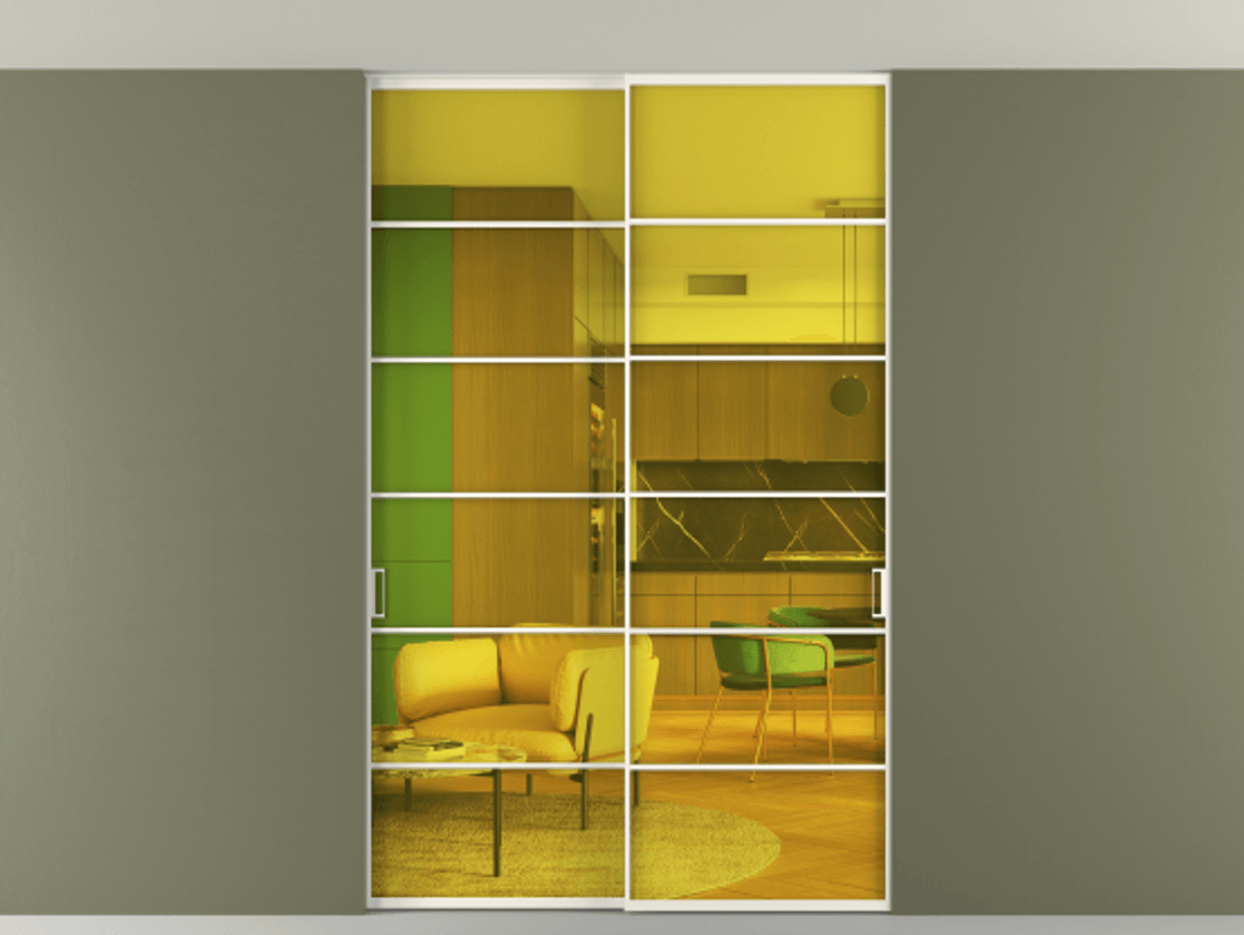 Перегородка Формато внутри проёма скрытое крепление в потолок 2 створки АЛПР 040.04 Алюминий пудровый белый Прозрачное жёлтое стекло, триплекс Цена 53000260 so'm | Volhovec