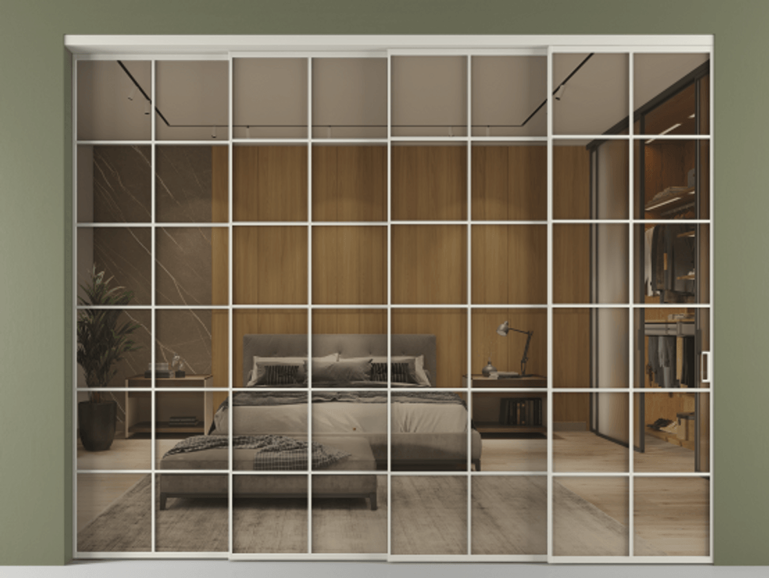 Перегородка Формато внутри проёма 4 створки с синхронным механизмом АЛПР 040.05 Алюминий тёплый серый Рефлективное бронзовое стекло "Стопсол", калёное. Цена 104398840 so'm 1. Полотно 4 шт. (800/2100 мм)
2. Комплект установки раздвижной системы
3. Базовый комплект фурнитуры
4. Комплект фурнитуры телескопик синхро-3
5. Ручка Рондо. Фабрика дверей Волховец 8 (800) 551 43 19 Перегородка Формато внутри проёма 4 створки с синхронным механизмом АЛПР 040.05 Алюминий тёплый серый Рефлективное бронзовое стекло "Стопсол", калёное Цена 104398840 so'm | Volhovec