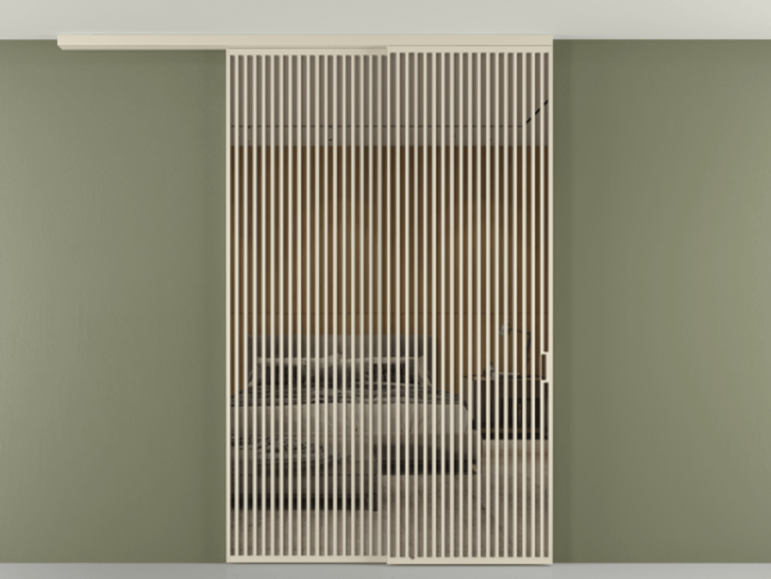 Перегородка Формато вдоль стены на потолок 2 створки с синхронным механизмом АЛПР 040.06 Алюминий бежево-серый Рефлективное бронзовое стекло "Стопсол", калёное Цена 110151860 so'm | Volhovec