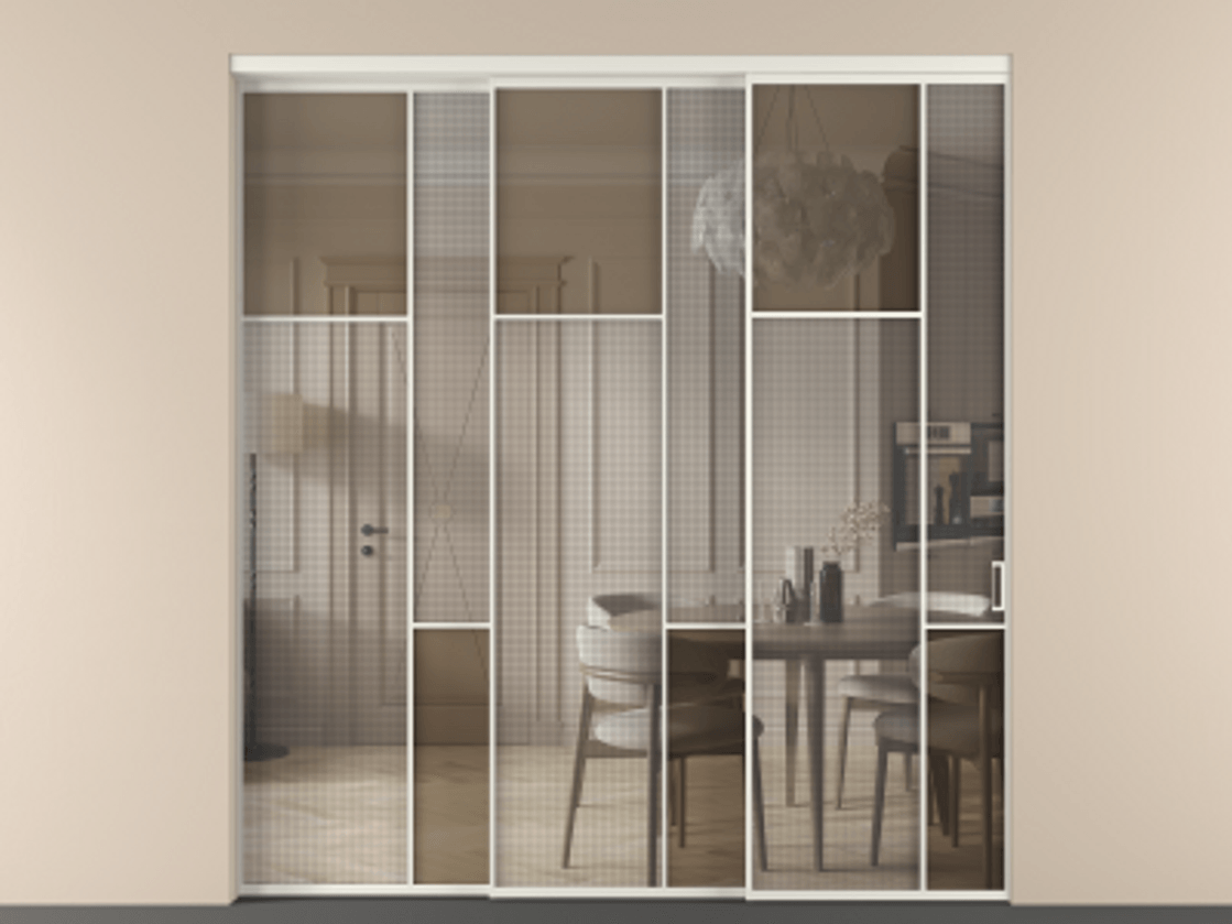 Перегородка Mosaic внутри проема телескопик синхро-3 АЛПР 041.10 Алюминий Белый Mesh silver + Бронза прозрачное триплекс Цена 82040420 so'm | Volhovec