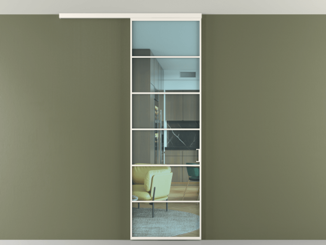 Перегородка Формато вдоль стены на потолок 1 створка АЛПР 040.04 Алюминий пудровый белый Прозрачное голубое стекло, триплекс Цена 103293 ₽ | Volhovec