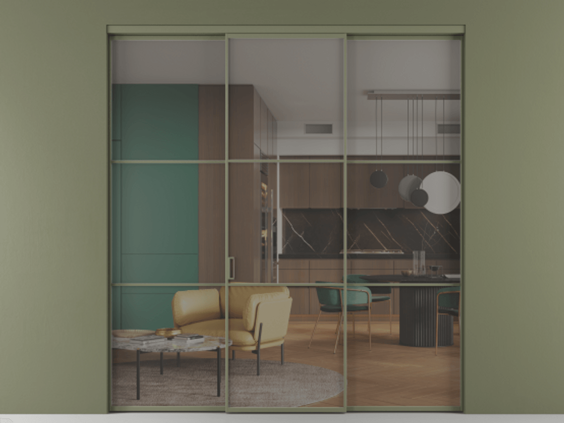 Перегородка Formato внутри проёма 3 створки АЛПР 040.03 Алюминий оливковый тёмный Прозрачное серое стекло, триплекс Цена 48166830 so'm | Volhovec