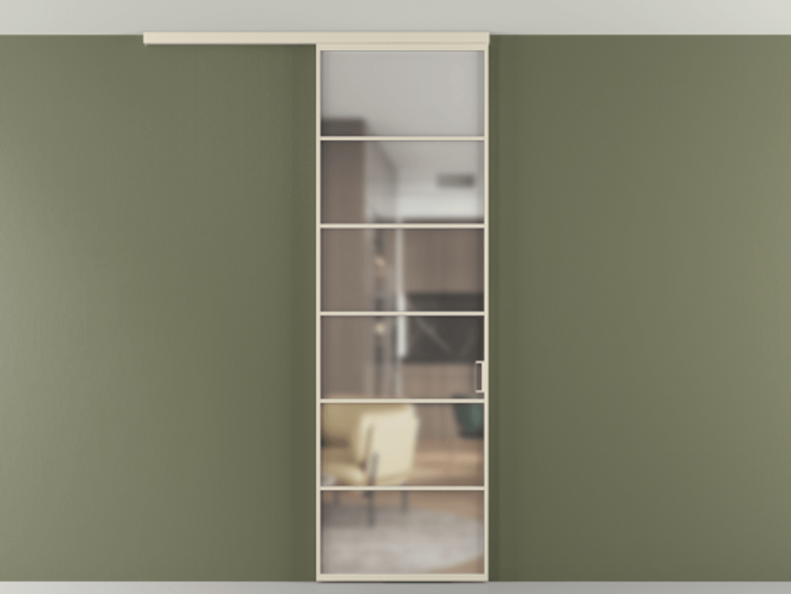 Перегородка Formato вдоль стены на потолок 1 створка АЛПР 040.04 Алюминий бежево-серый Сатинированное стекло "Мателюкс Кристал Вижн", калёное, матовое, каленое 6 мм Цена 27220270 so'm | Volhovec