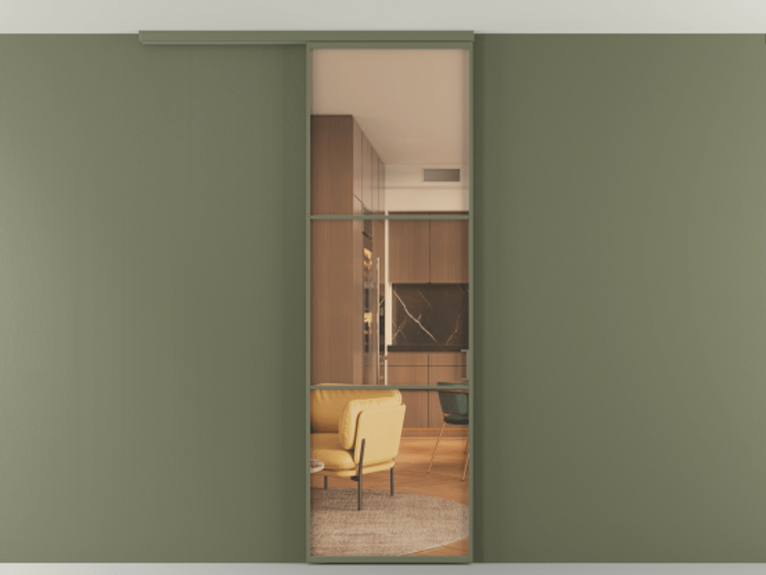 Перегородка Формато вдоль стены на потолок 1 створка АЛПР 040.03 Алюминий оливковый тёмный Прозрачное оранжевое стекло, триплекс Цена 19662150 so'm | Volhovec