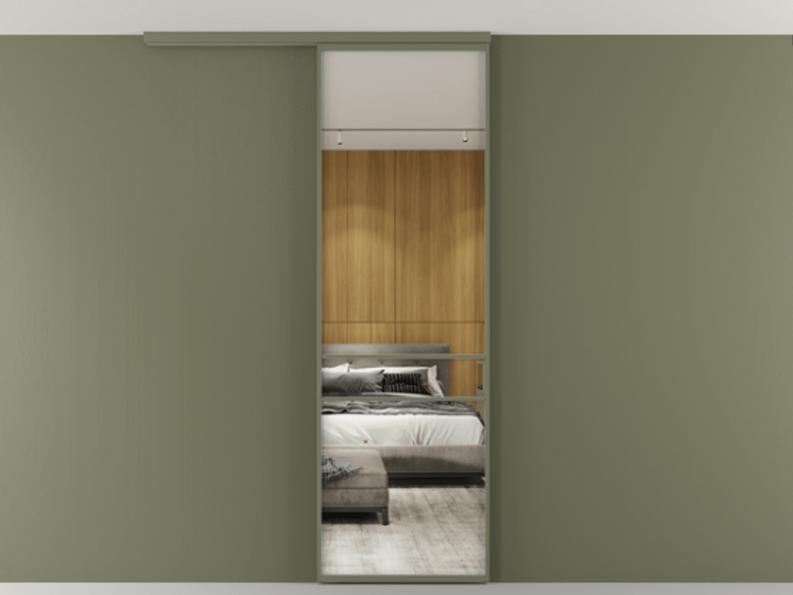 Перегородка Formato вдоль стены на потолок 1 створка АЛПР 040.02 Алюминий оливковый тёмный Двустороннее зеркало, триплекс , триплекс 6 мм Цена 19662170 so'm | Volhovec