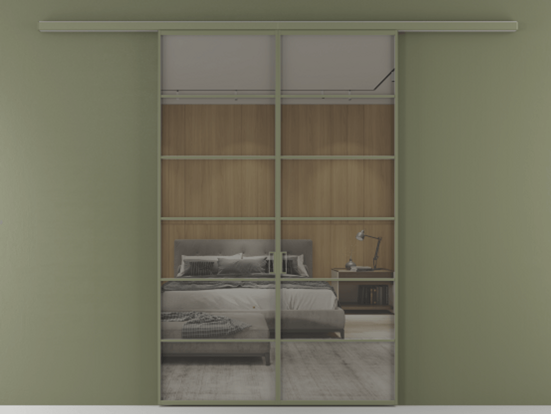 Перегородка Формато вдоль стены 2 створки АЛПР 040.04 Алюминий оливковый тёмный Рефлективное серое стекло "Стопсол", калёное Цена 53713800 so'm | Volhovec