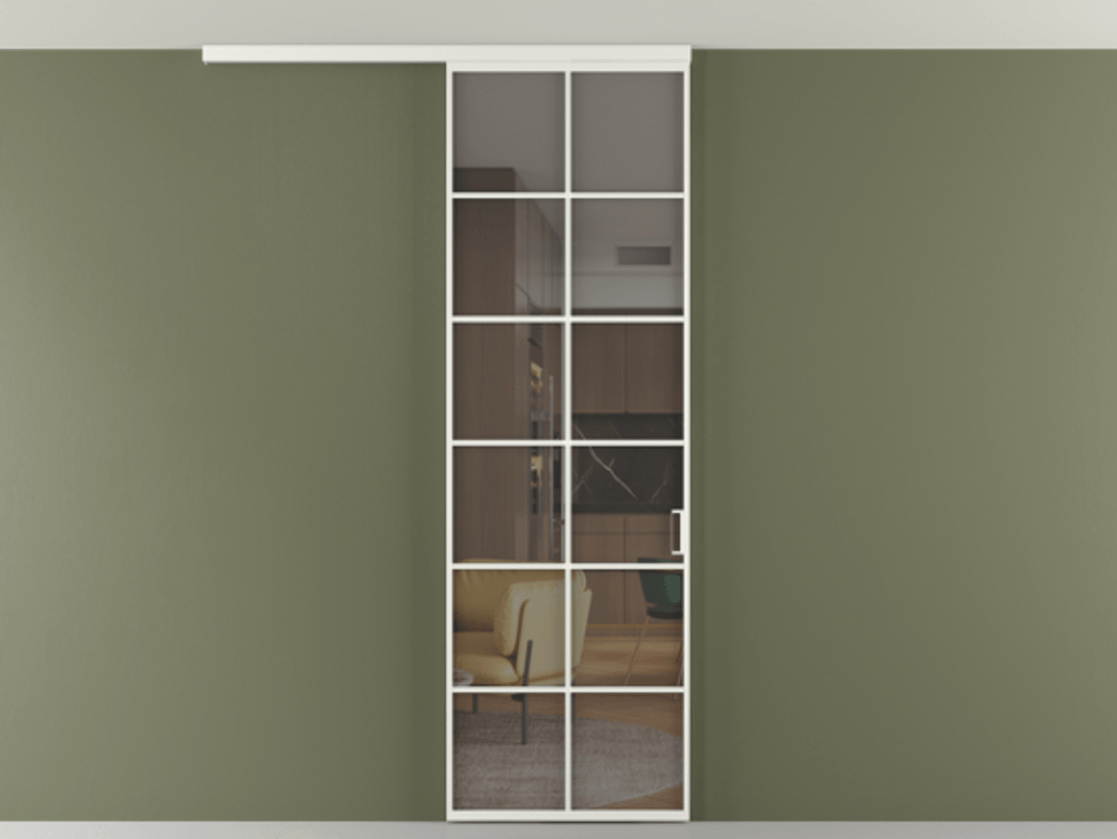 Перегородка Формато вдоль стены на потолок 1 створка АЛПР 040.05 Алюминий светло-серый Прозрачное серое стекло, триплекс Цена 20968480 so'm | Volhovec