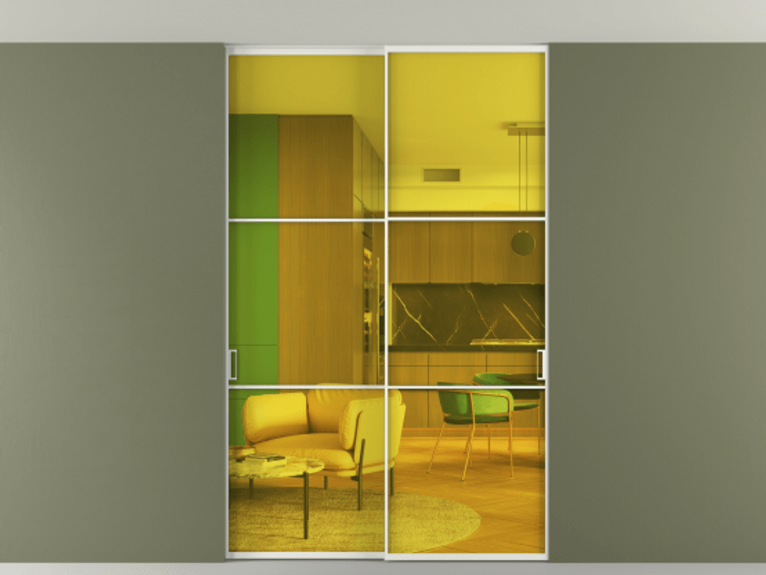 Перегородка Formato внутри проёма скрытое крепление в потолок 2 створки АЛПР 040.03 Алюминий светло-серый Прозрачное жёлтое стекло, триплекс Цена 256476 ₽ | Volhovec