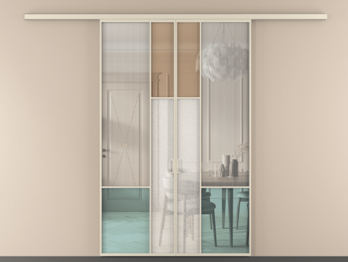 Перегородка Mosaic вдоль стены 2 створки АЛПР 041.13 Алюминий бежево-серый Комбинация стекол Группы 1 и Группы 3 Цена 276860 ₽ | Volhovec