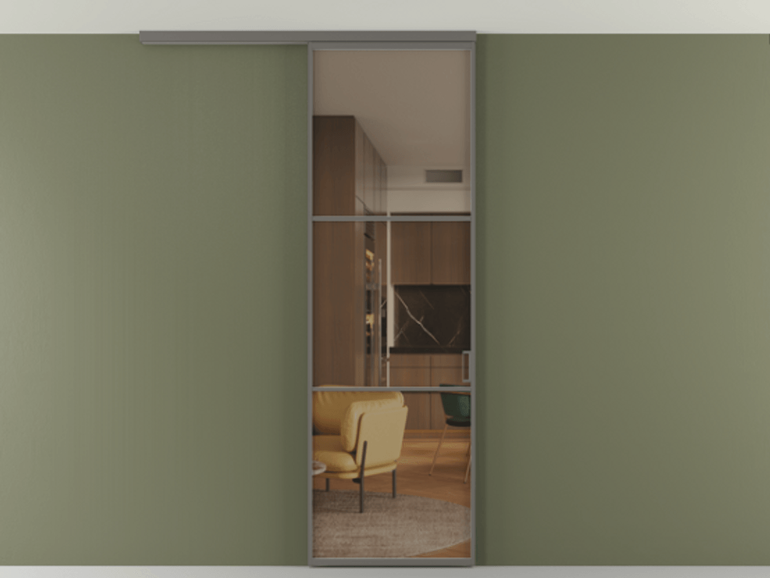 Перегородка Формато вдоль стены на потолок 1 створка АЛПР 040.03 Алюминий классический серый Прозрачное бронзовое стекло, триплекс Цена 100988 ₽ | Volhovec